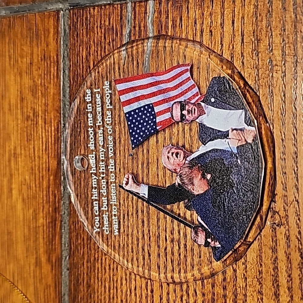 Patriotic president trump acrylic hanging ornament with flag and quote